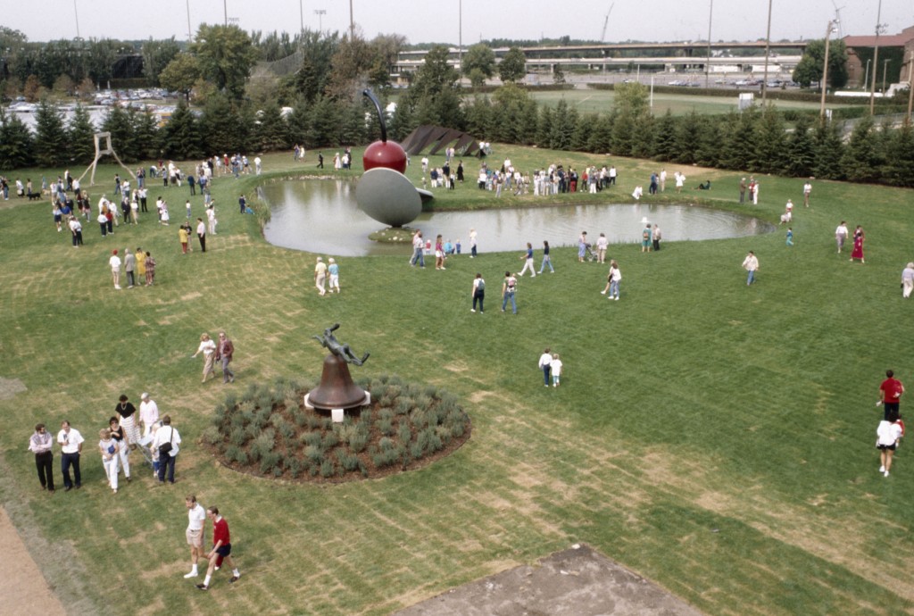 View of Spoonbridge and Cherry with surrounding landscape, Minneapolis Sculpture Garden Opening, 10 September 1988