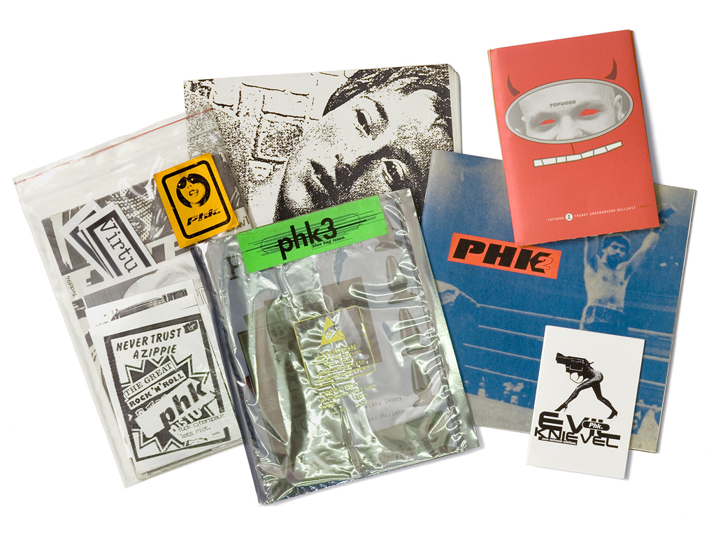 Issues of PHK (selection) / series of fanzines produced between 1994 and 1996. Designed by Experimental Jetset and Cindy Hoetmer.