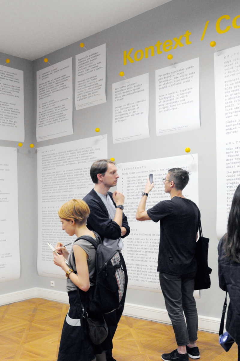 Blown-up assignment sheets pinned to the walls of Taking a Line for a Walk. (© Brno Biennial)