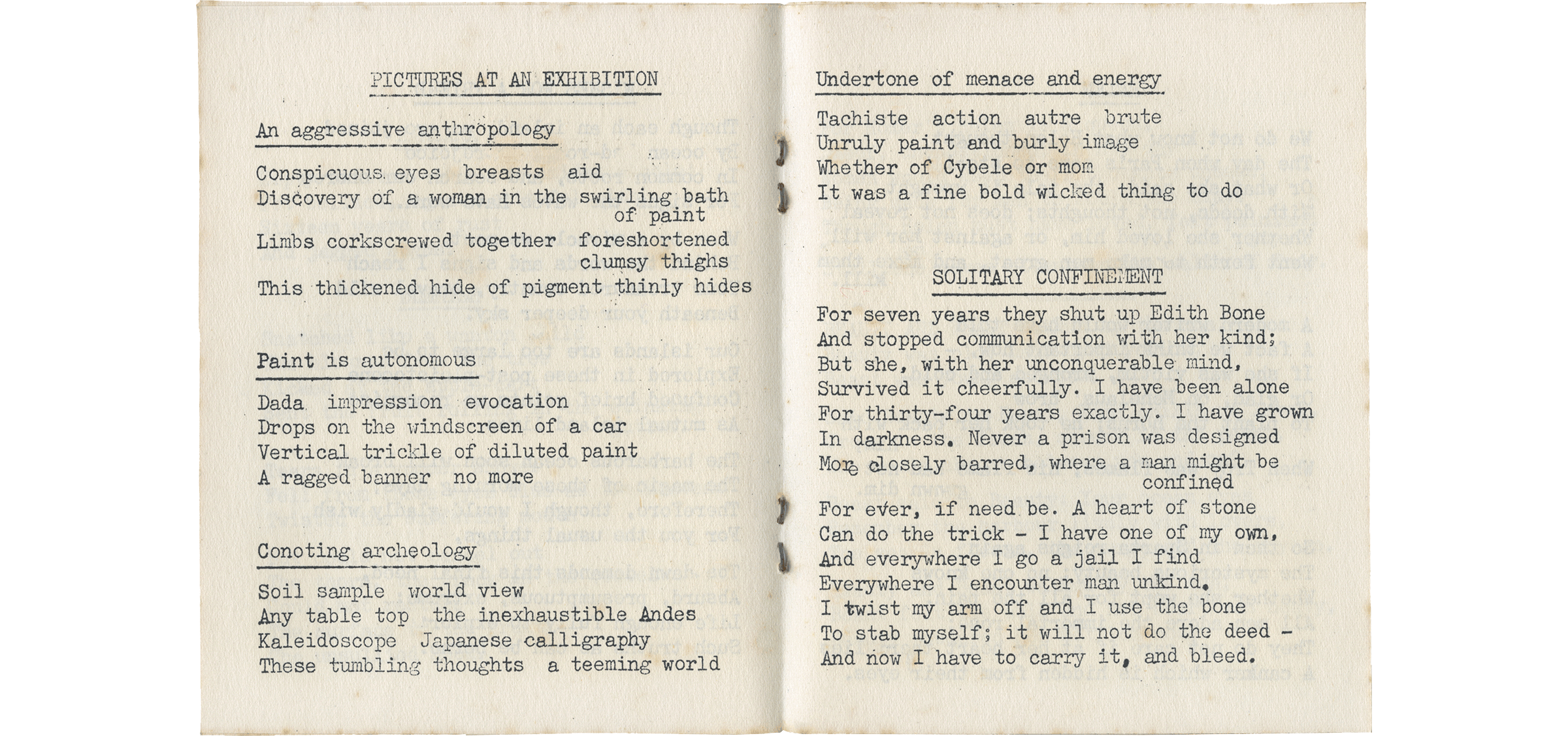 Spread from Poems by Twelve Members of Writers’ Forum: Mary Berry (Leivien), Lois Hieger, Wendy Stockham, Ninette Quinn, Norman Wallace, Bob Cobbing, John Rowan, Nancy Taylor, Gerda Mayer, Maurice Langham, Jean Salisbury and Brian Gould (August 1959)