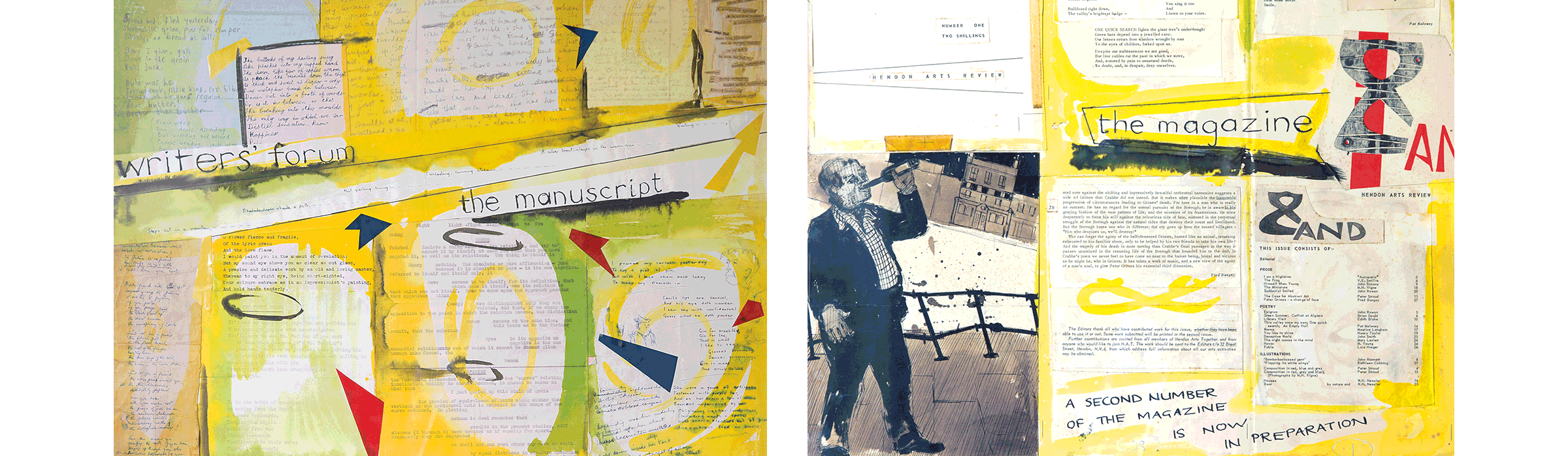 left to right: writers’ forum the manuscript, 1952; Collage for AND magazine, 1955.