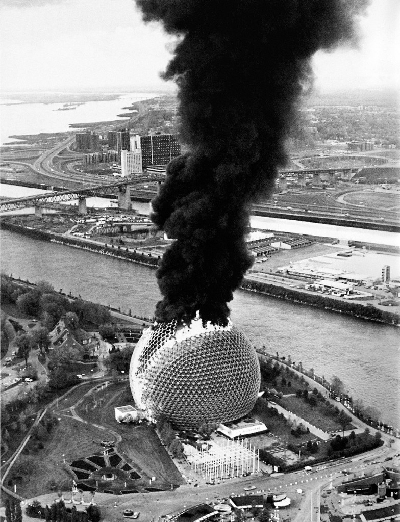 US Pavilion for Expo 67, designed by R. Buckminster Fuller and Shoi Sdao, erupts in flames. Montreal, May 20, 1976