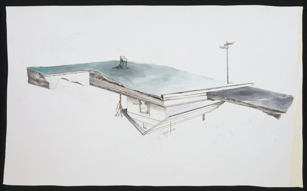 Edward Arceneaux, House Upside Down. Graphite, gouache on paper, 2000. Courtesy of the Walker Art Center.