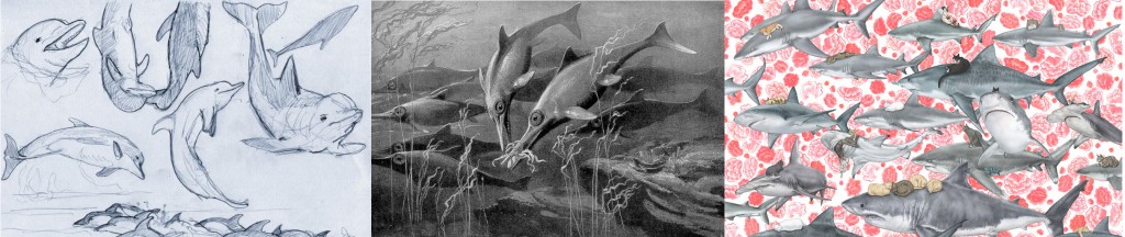 Dolphins, Ichthyosaurs, Sharks. Images from the public domain.