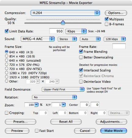 The MPEG Streamclip settings we use.