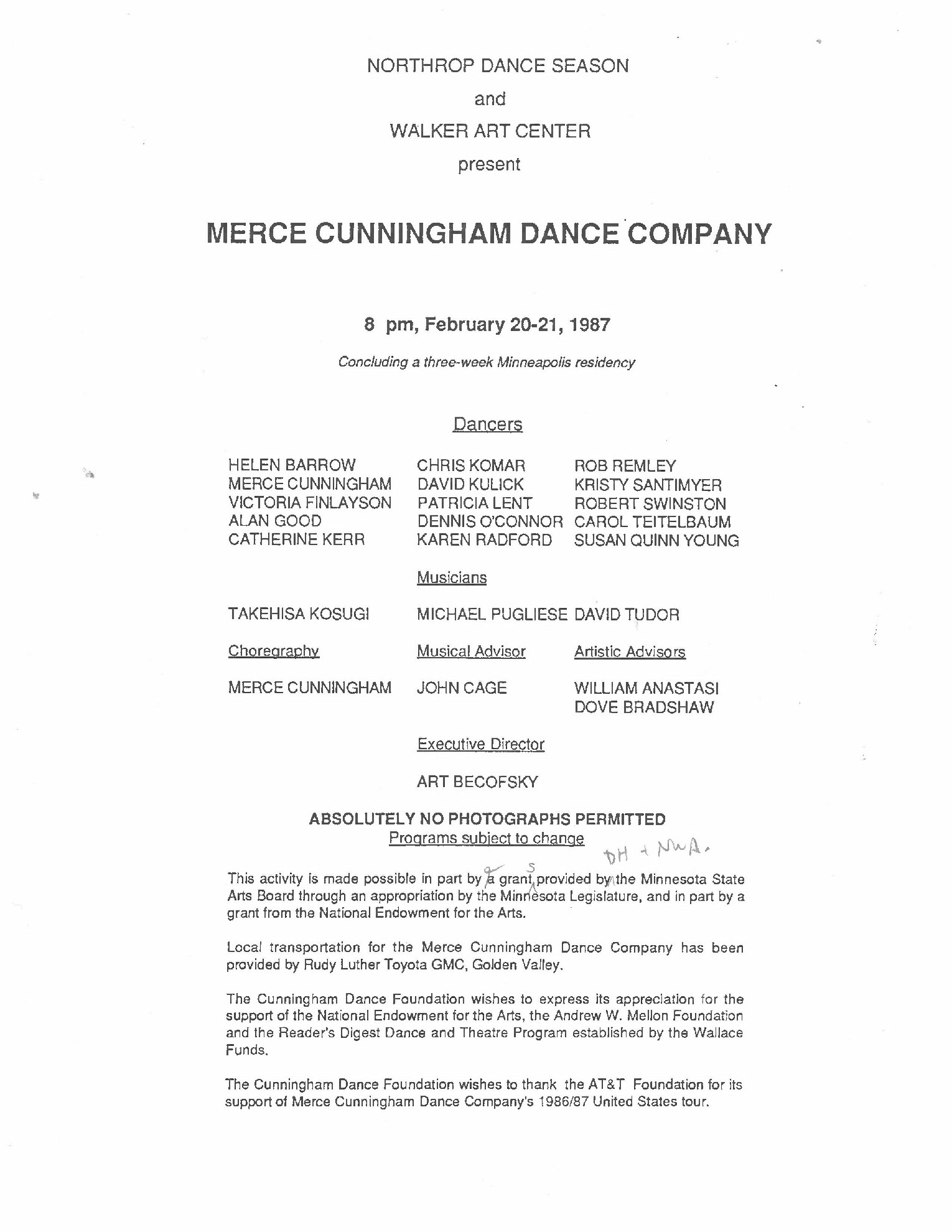 Draft of the program for the 1987 MCDC performance at Northrup, including Fabrications