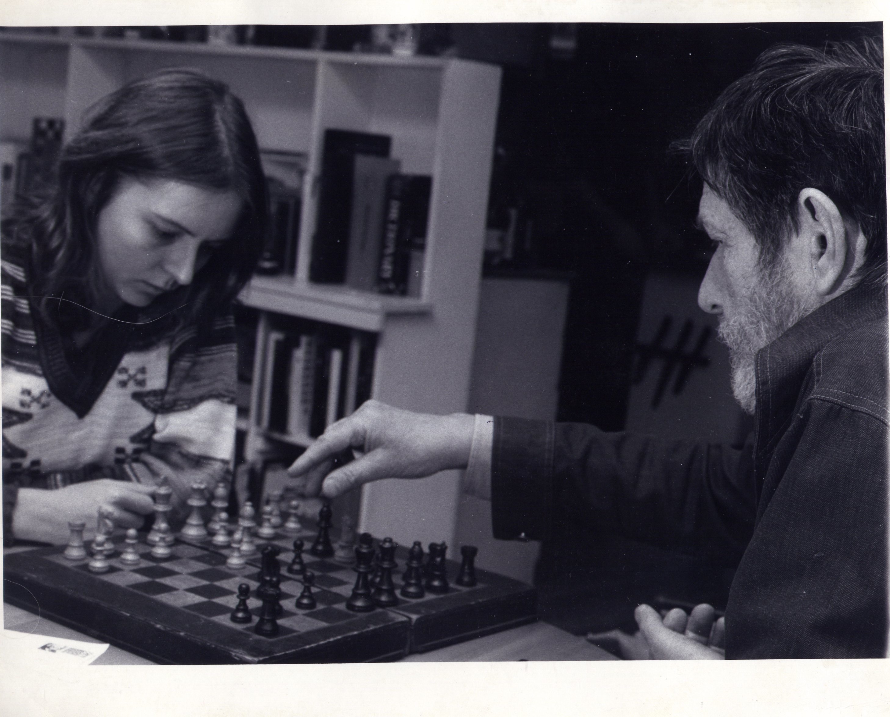 Joan La Barbara and John Cage playing chess before a rehearsal at his loft photo: © 1976 Michael McKenzie 