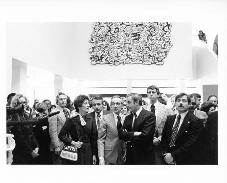 Joan and Walter Mondale on the campaign trail at the Walker Art Center with director, Martin Friedman, 1976.  Walker Art Center Archives.
