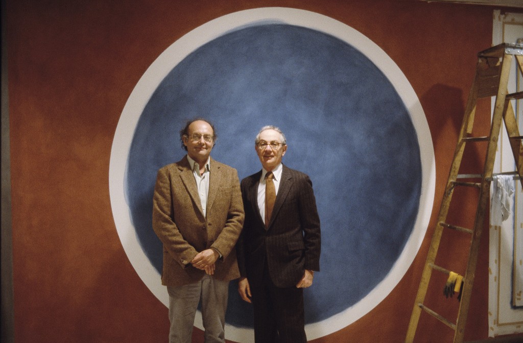Sol LeWitt and Martin Friedman during the installation of LeWitt’s Four Geometric Figures in a Room, Walker Art Center, 1984. Photo courtesy Walker Art Center Archives.