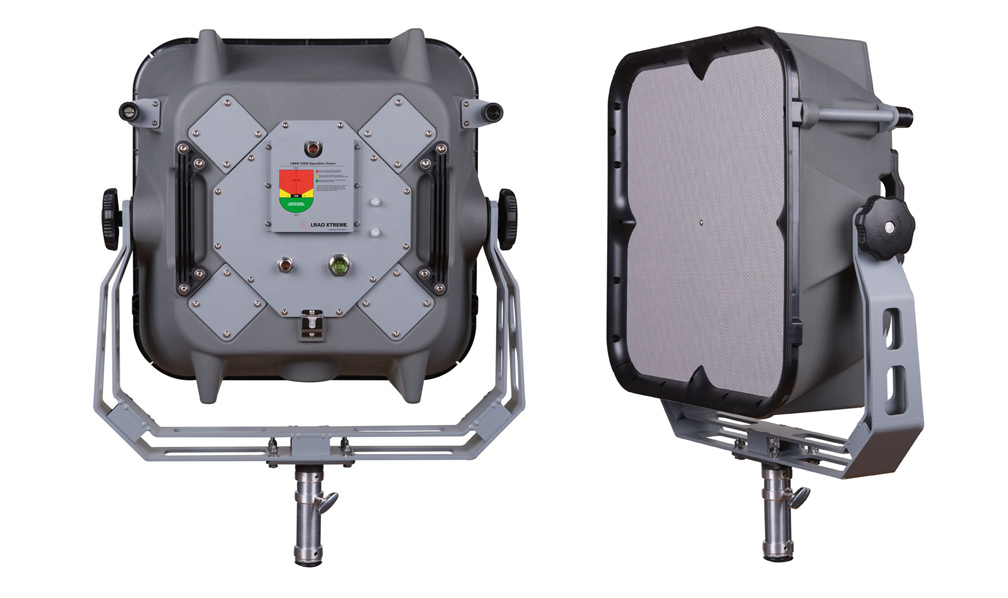 Product shots of the LRAD 500X, which its maker says unparalleled long-range communication and scalable non-lethal, non-kinetic Escalation of Force